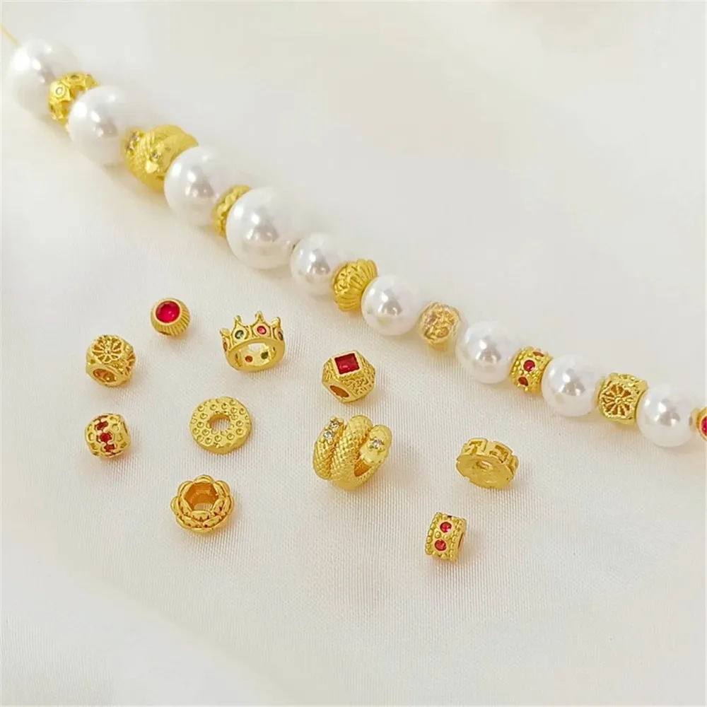 Ancient-style Gold Accessories 18K Micro-inlaid Zirconium Spacer Beads Crown Running Rings Flower Handcrafted DIY Scattered Bead