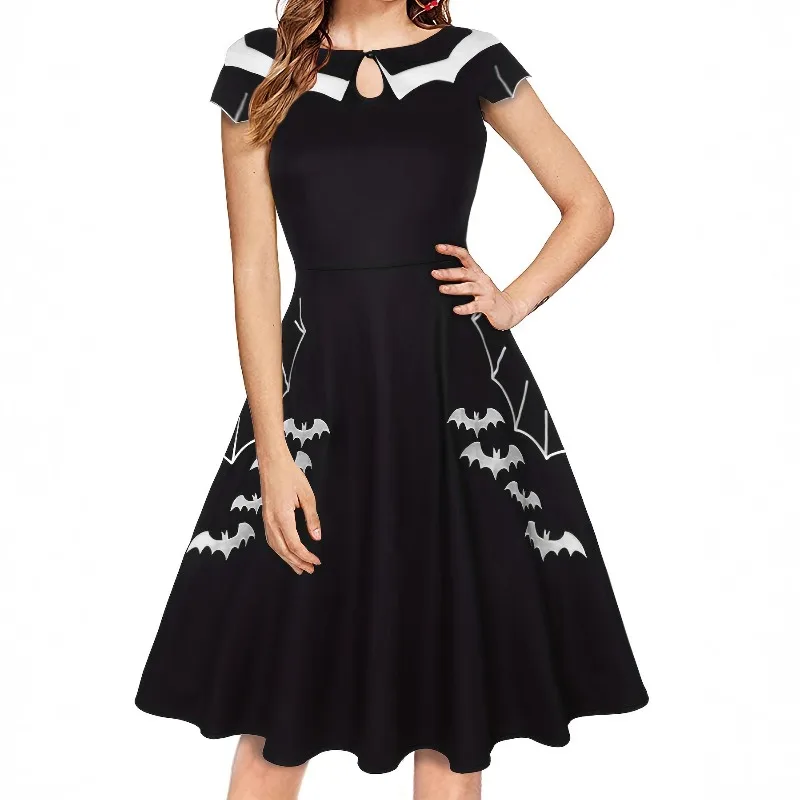 Plue Size Black Bat Print Dress Cosplay Casual Wear Short Sleeve Long Dresses for Women Halloween Carnival Theme Party