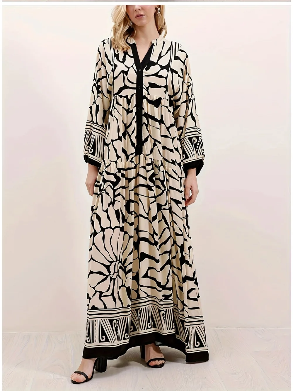 Eid Frauen Kleid Muslimischen Herbst Druck V-ausschnitt Abaya Dubai Vestidos Largos Lange Kleider Arabischen Robe Party Kaftan Jalabiya Ramadan