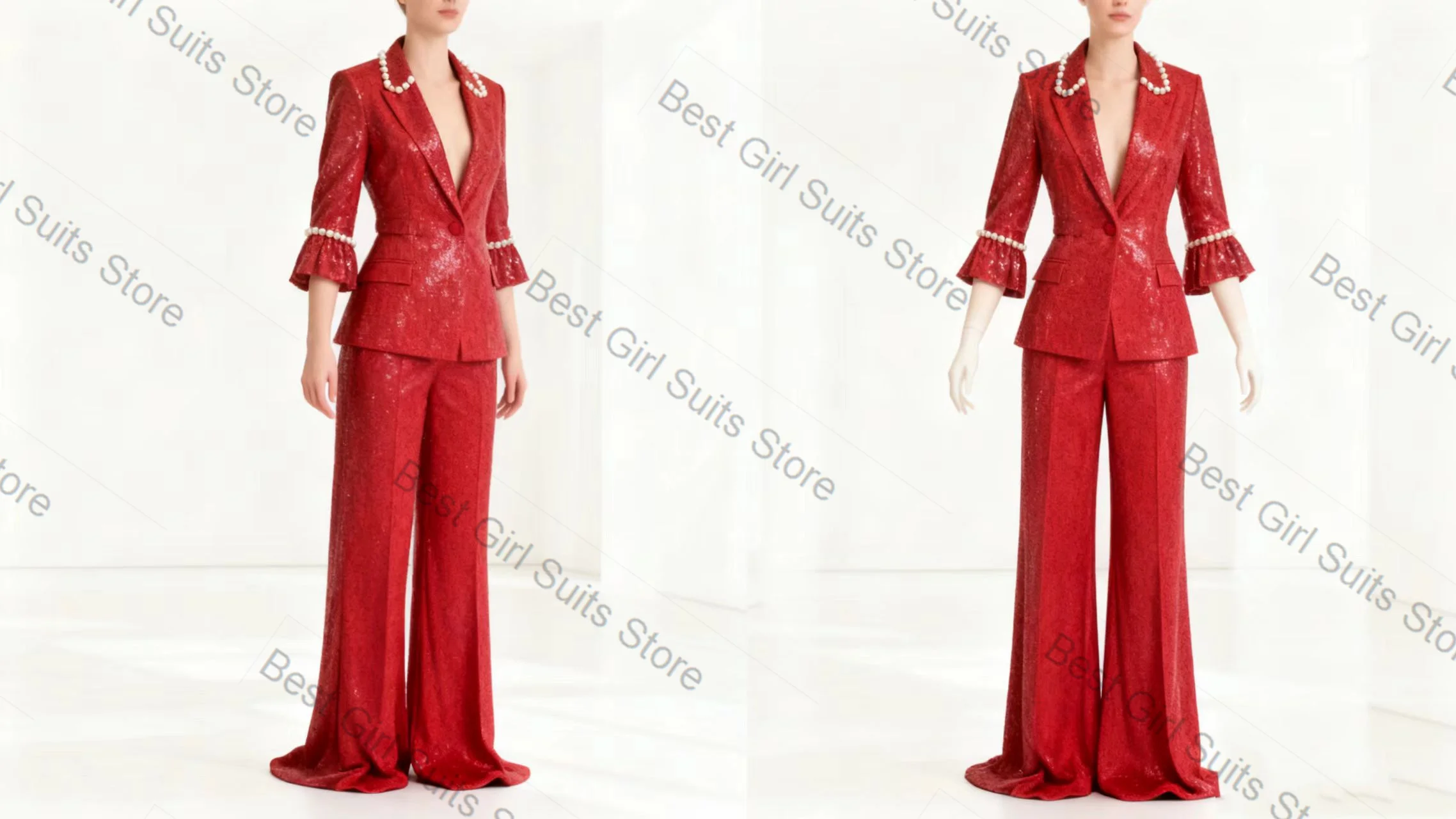 

Red Sequins Pearls Women Suit Pants Set 2 Piece Shiny Blazer+Trousers Formal Office Lady Jacket Customized Party Wedding Coat