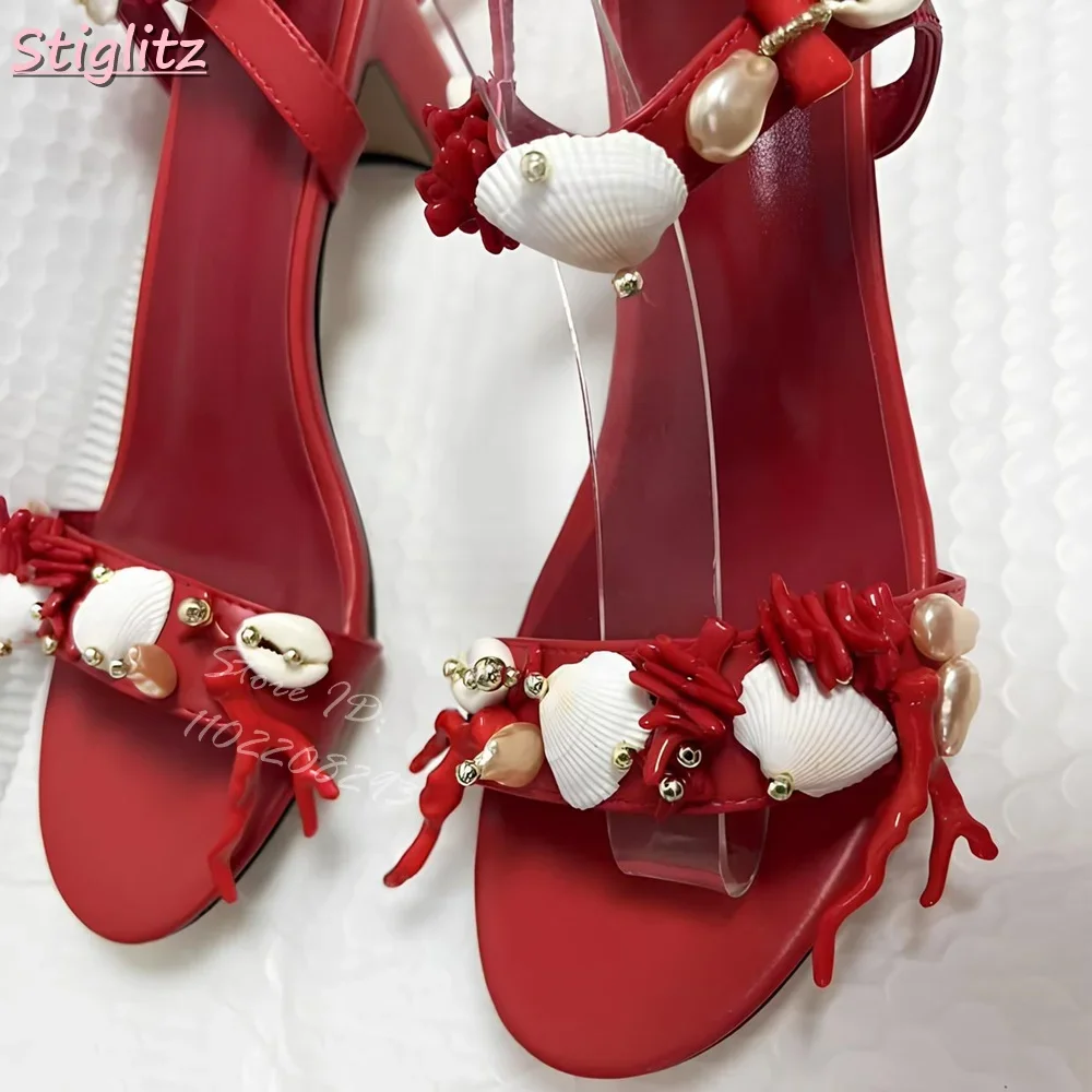 

Ocean Vacation Style Sandals Crystal Open Round Toe Square Heels Strappy 2025 Women's Fashion New High Heels Shoes Large Size