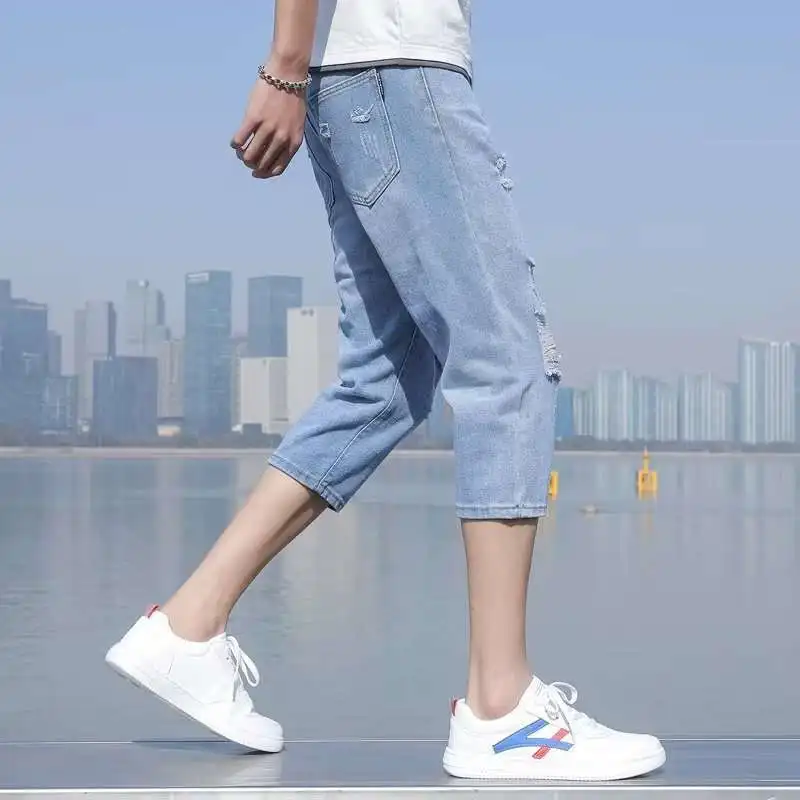 

Художественные мужские джинсы, ленивые модные брюки Seven-Five с дырочками, весна-лето, повседневные прямые джинсы со средней и высокой талией