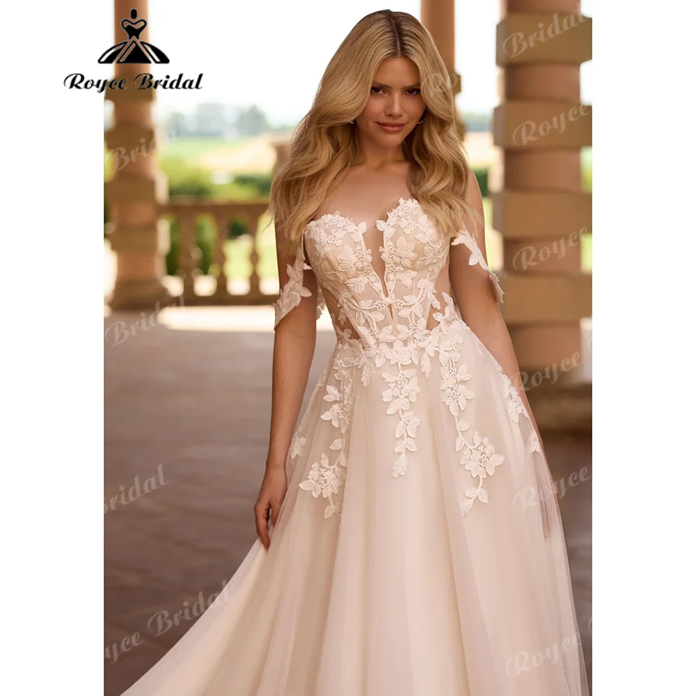 2027 Off The Shoulder Plunging Sweetheart A Line Wedding Dress 3D Floral Appliques Sheer Side Tulle Abiti Da Sposa Customized
