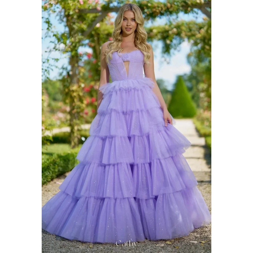 

Cathy Purple Cut-out Glitter Prom Dress Strapless Tiered Ruffles vestidos de noiva Customized Floor-length Low Back Graduation