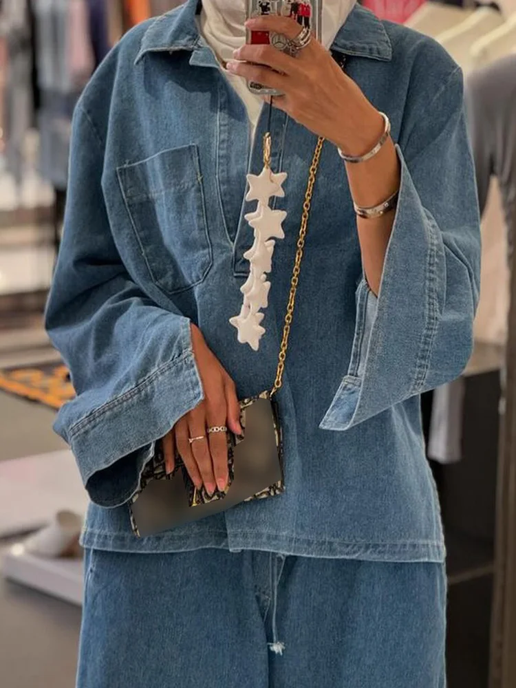 Women Autumn Loose Denim Sets Lapel Long Sleeve Shirt Top Female Drawstring High Waist Wide Leg Jeans High Street Long Pants