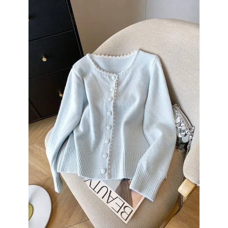 

Женская одежда, кружевной свитер, кардиган, свободный вязаный топ с круглым вырезом