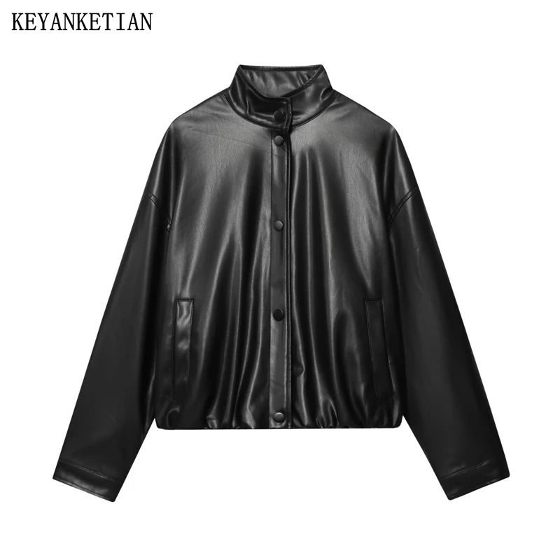 

KEYANKETIAN Autumn New Women's Standing Collar Single Breasted Faux Leather Pilot Jacket Women Side Pocket Coat
