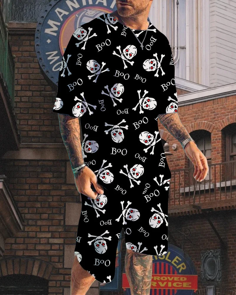 

2025 Summer Best-selling Fashion Skull Pattern Printed Men's Short-sleeved Suit Casual Comfortable Simple Outdoor Street Suit
