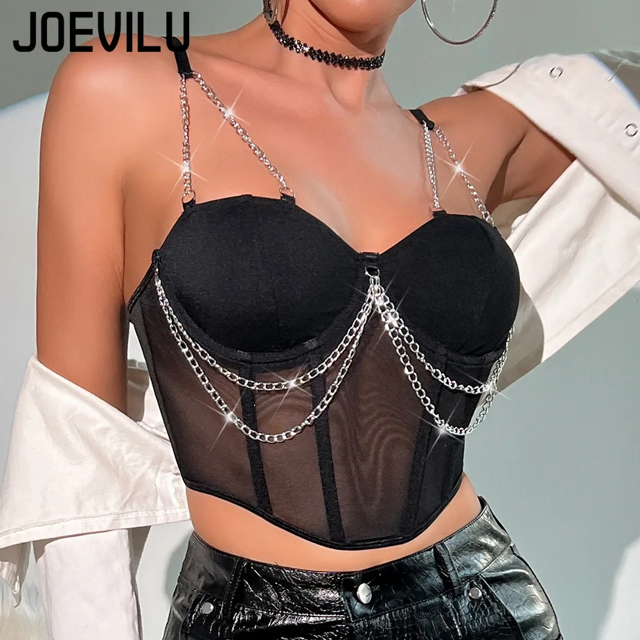 

Y2K Прозрачный сетчатый корсет с косточками и металлическими цепочками, женский сексуальный укороченный жилет с эффектом пуш-ап, летняя вечеринка, облегающий уличный топ на бретелях в стиле панк