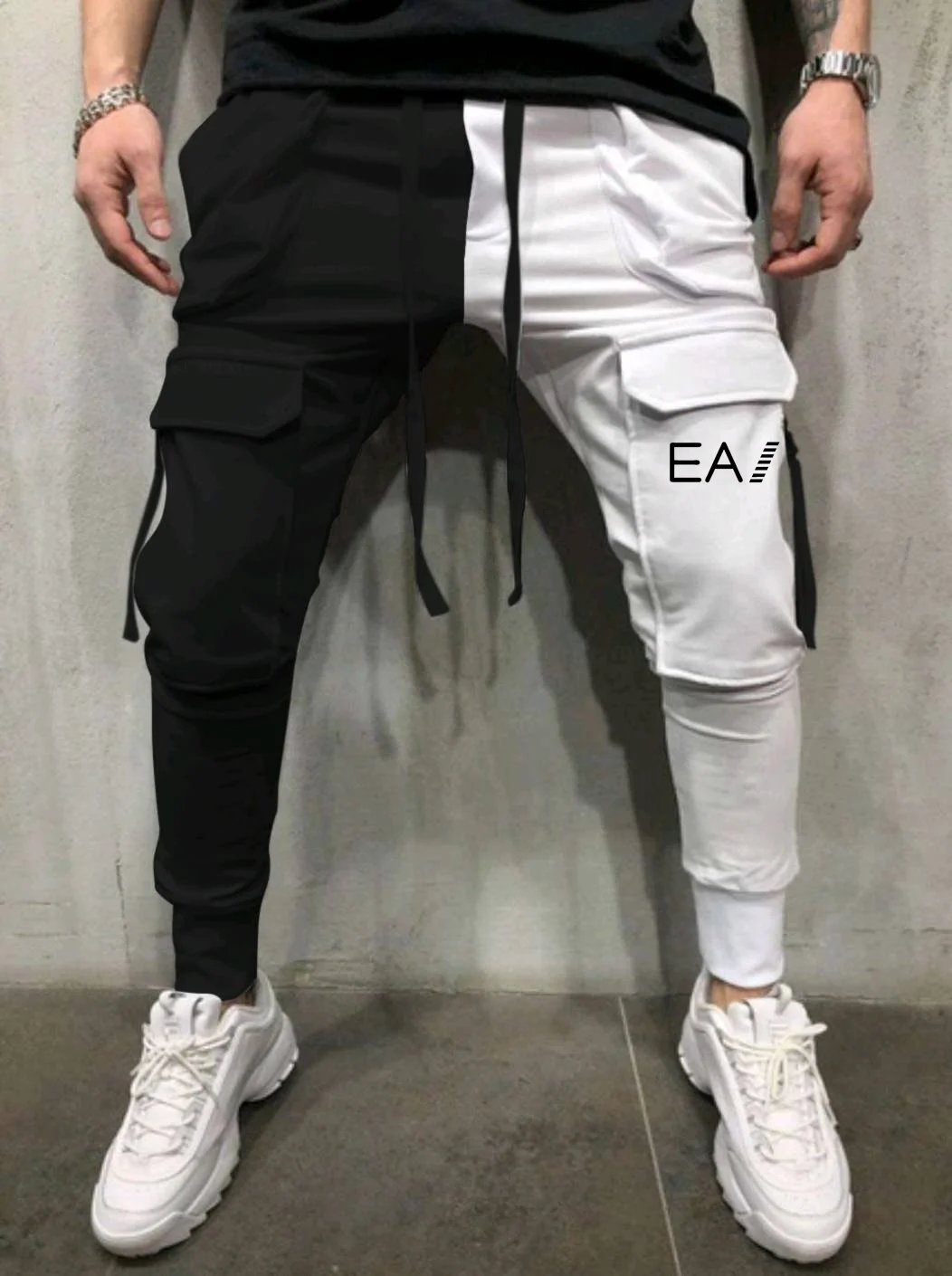 

Spring and Autumn Men's Leisure Sports Multi Pocket Work Pants Color blocked Leisure Fitness Splicing Rope tied Pants