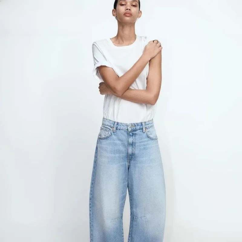 جينز نسائي فضفاض بأرجل واسعة من TRF لربيع 2025، متعدد الألوان بخصر متوسط وتصميم بالون، بنطلون دنيم كاجوال للبالغين