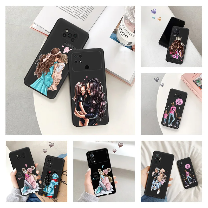 Phone Case For Xiaomi Poco C40 M5 M4 M3 C50 C51 X5 X3 X4 F5 Pro F3 F4 F1 GT Brown Hair Baby Mama Girl Soft Black Silicone Cover