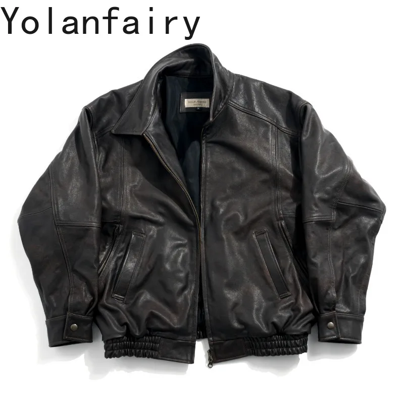 

YOLANFAIRY Matte Brushed Cowhide Genuine Leather Jacket Men Retro Loose Oversized Real Cow Leather Coat High Quality Jackets