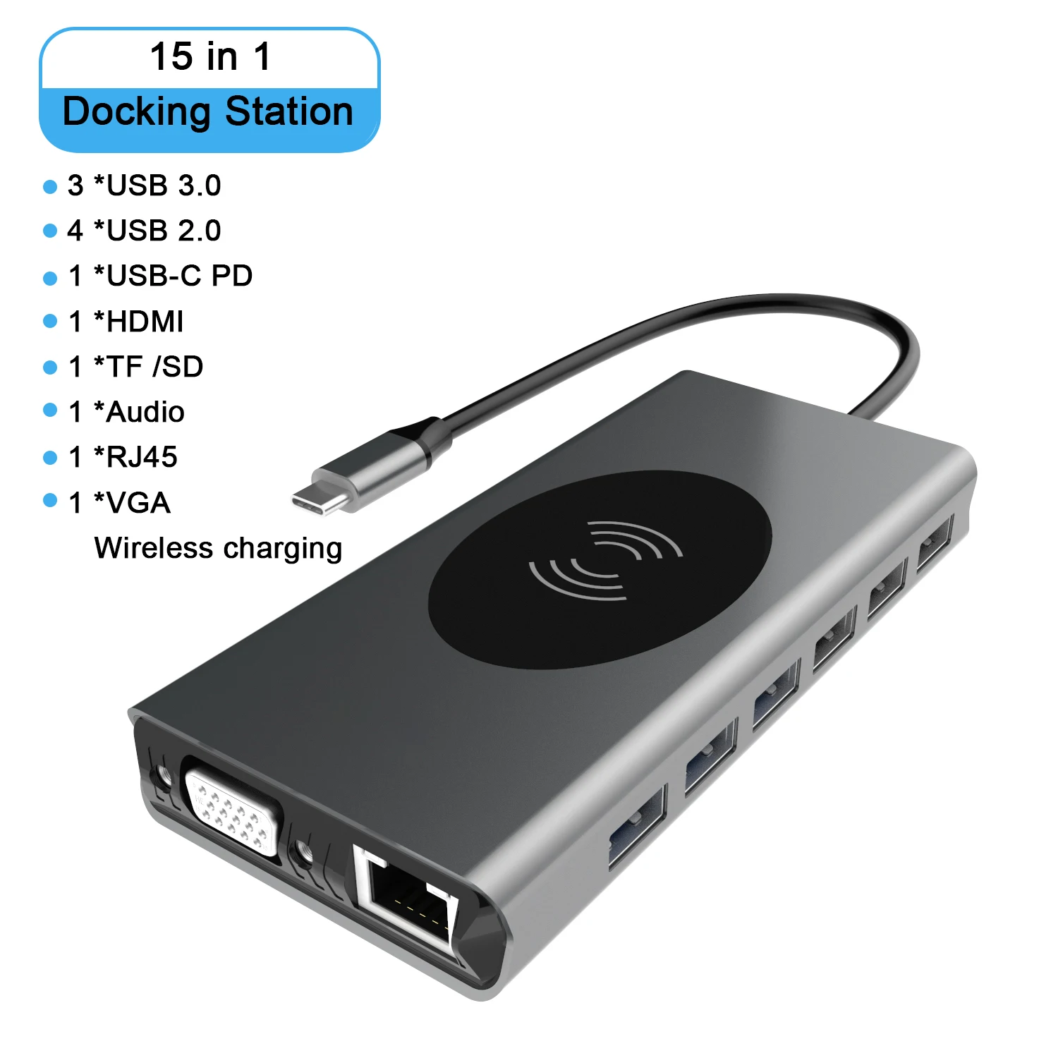 15 in 1 타입 C 멀티포트 독 알루미늄 USB C 허브 4K HDMI VGA RJ45 PD 고속 충전 무선 충전 어댑터 (노트북용)