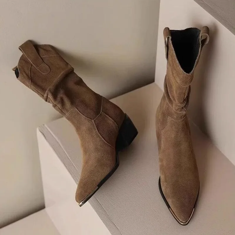 2024 Winter Classic Chelsea Boots for Woman Cow Suede Pointy Toe Wedge Heel Ankle Boots Simple Comfortable Cowboy Boots Female