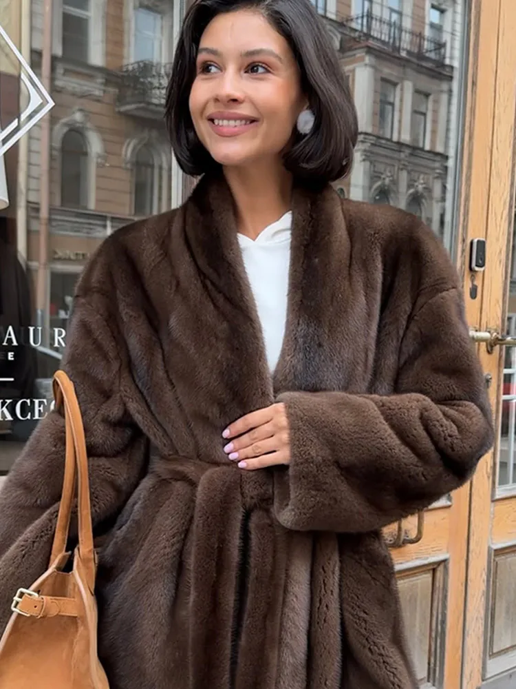 

Fashion Plush V-neck Long Sleeve Loose Warm Jackets Lady 2025 Winter Commute Street CoatsWomen Elegant Lace Up Faux Fur Jacket