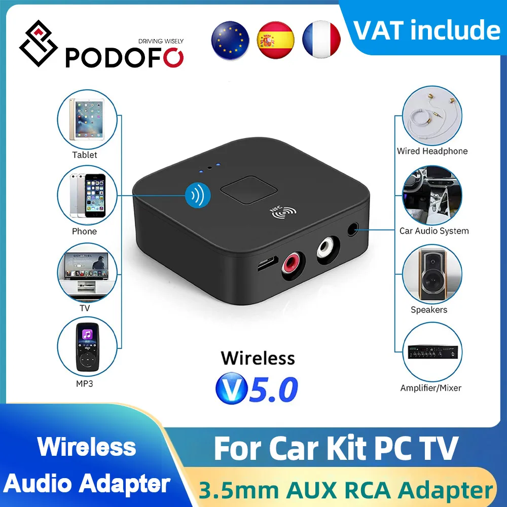 Podofo Wireless Bluetooth Receiver Audio Transmitter 3.5mm AUX Socket Wireless Audio Adapter For Car TV PC Headphones