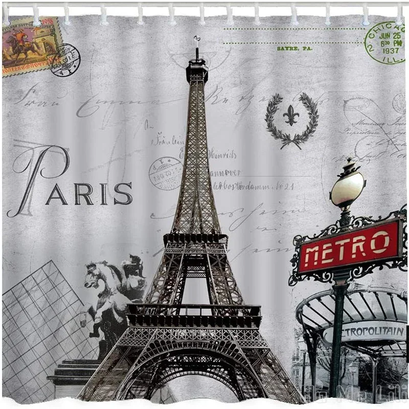 Paris By Ho Me Lili Shower Curtain Eiffel Tower French Post Metro City Horse Flower Wreath Stamp Bathroom Decorative With Hooks