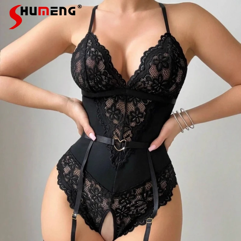 

Female Japanese Style Sexy Onesies Pure Desire See Through Lace Temptation Bodysuit Women's Black Lace Sleeveless Onesies