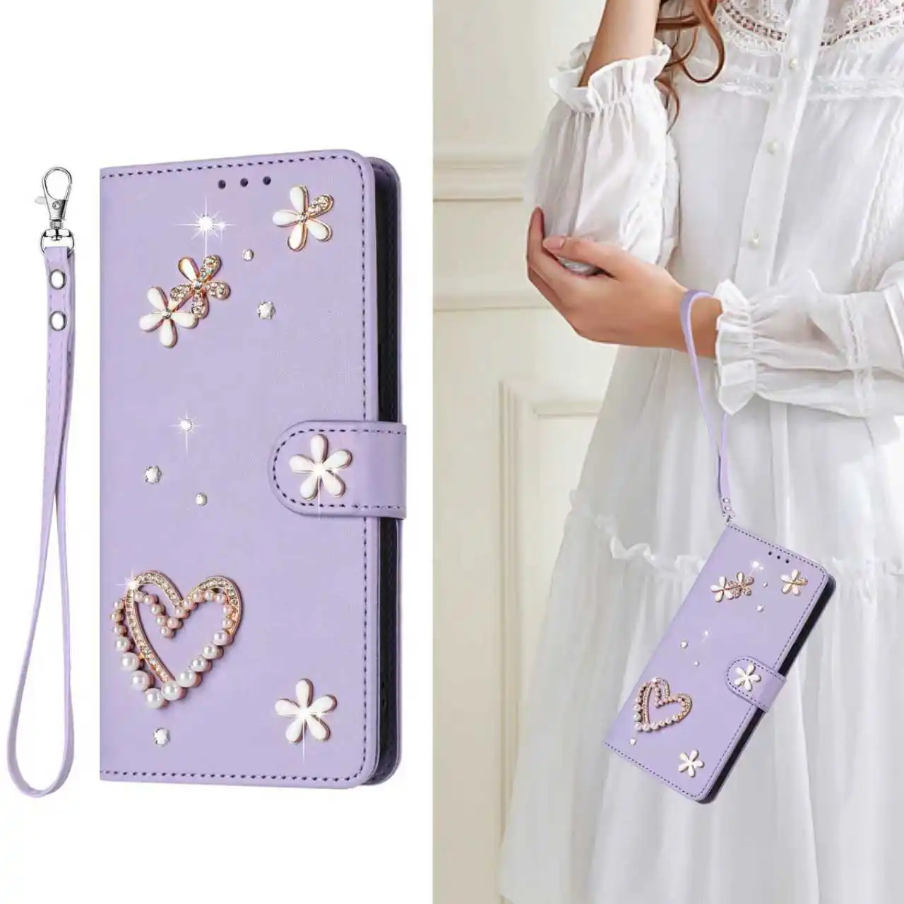 Bling Pearl Heart Flower Flip Wallet Case For OPPO Realme GT8 Pro GT7 GT6T GT6 GT5 GT3T GT3 Phone Cover 3 Cards Slot Coque