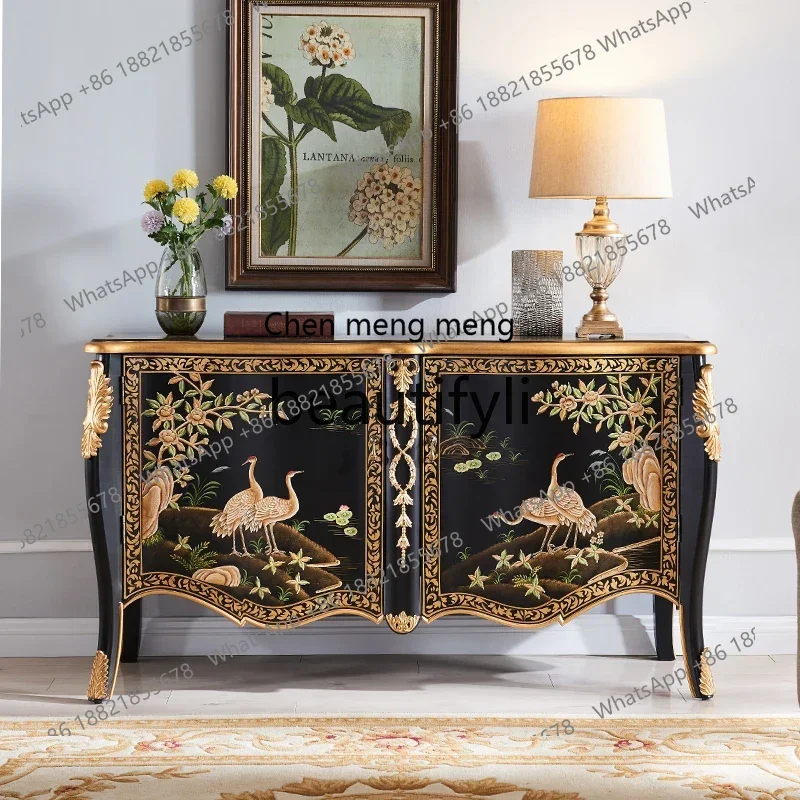 

Light luxury foyer cabinet French living room black painted side cabinet large capacity locker solid wood6220