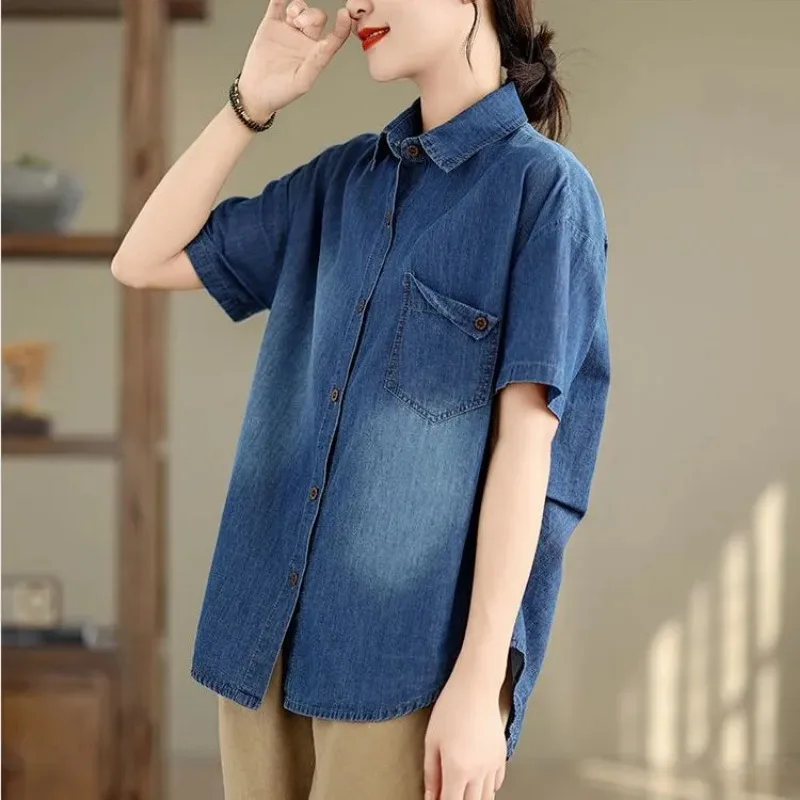 

Women's Loose Denim Shirt Short Sleeve Turn Down Collar Casual Blouse