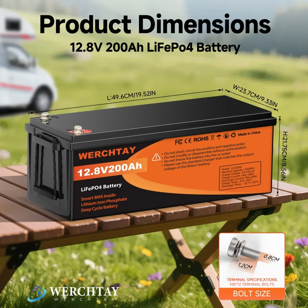 

WERCHTAY 12V 200Ah Lithium Battery Smart BMS 100A 25000+ Deep Cycles Rechargeable for RV Solar Off-Grid Application