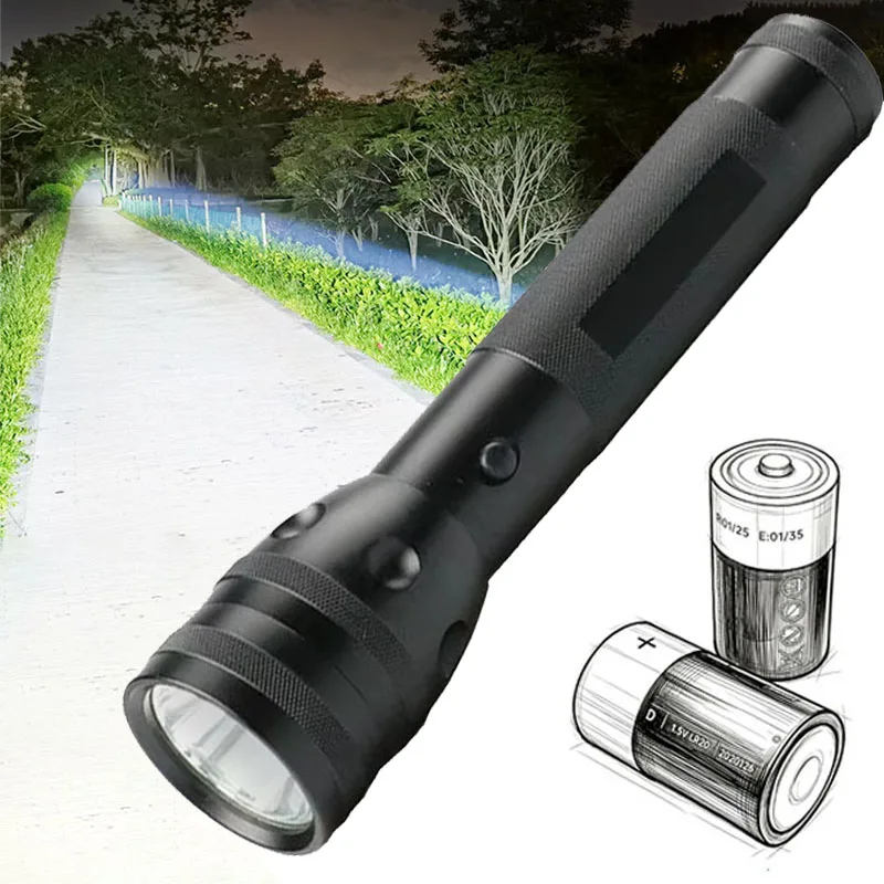 TOPCOM 2-Cell D Size Battery LED Big Flashlight Water Resistant Long Range T6 300 Lumens High Power Torch Light