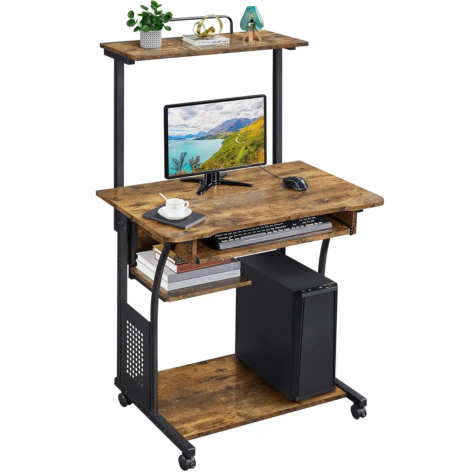 

3 Tiers Rolling Computer Desk with Keyboard Tray and Printer Shelf for Home Office, Mobile Computer Desk, Customized