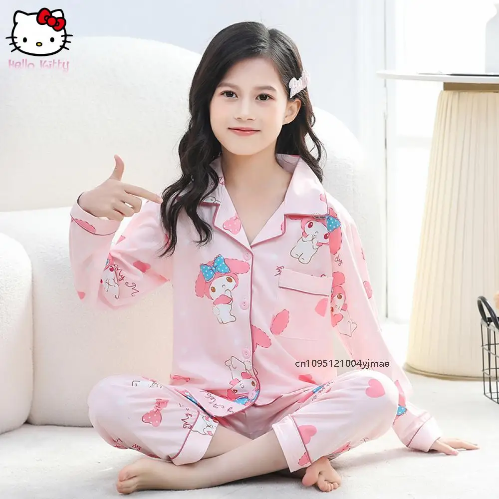 

2Pcs Children's Pajamas Set Anime New My Melody Cinnamoroll Kids Cardigan Long Sleeves Lapel Sleepwear Girl Boy Cartoon Homewear