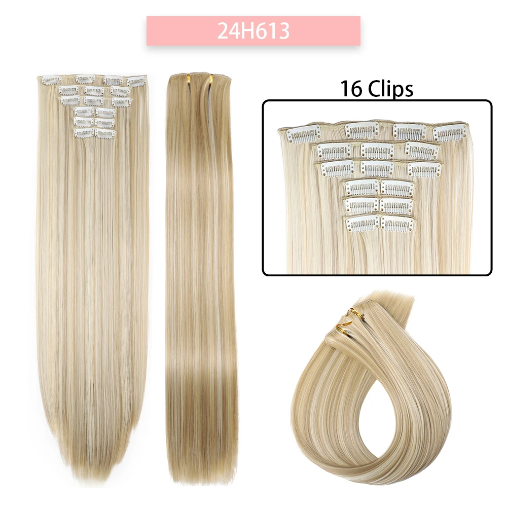 24Inchs 16 Clips in Synthetic Hair Extensions Long Straight Hairstyle Synthetic brown Black Hairpieces Heat Resistant False Hair