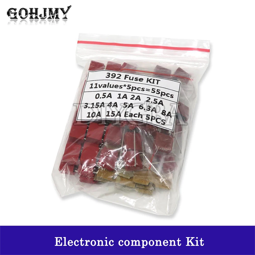 55PCS/Set Square Plastic Fuse Assortment Kit 392 0.5A 1A 2A 2.5A 3.15A 4A 5A 6.3A 8A 10A 15A 250V Fuses Slow Blow Tube Fuse