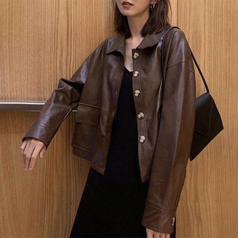 가짜 가죽 자켓 여성 가을 ​​패션 빈티지 싱글 브레스트 코트 포켓 모토 바이커 스타일 여성용 크롭 가죽 자켓