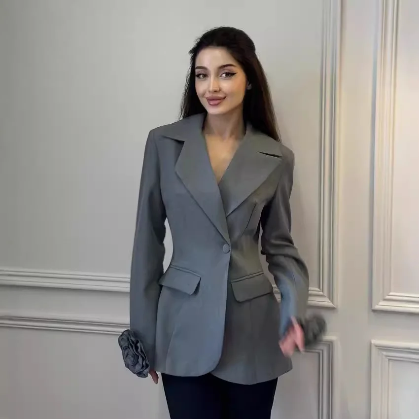 سترة بدلة نسائية من تيسكو بزر واحد وأكمام طويلة مصنوعة يدويًا على شكل زهرة سترة كاجوال للمكتب معطف بدلة للسيدات للأعمال #2