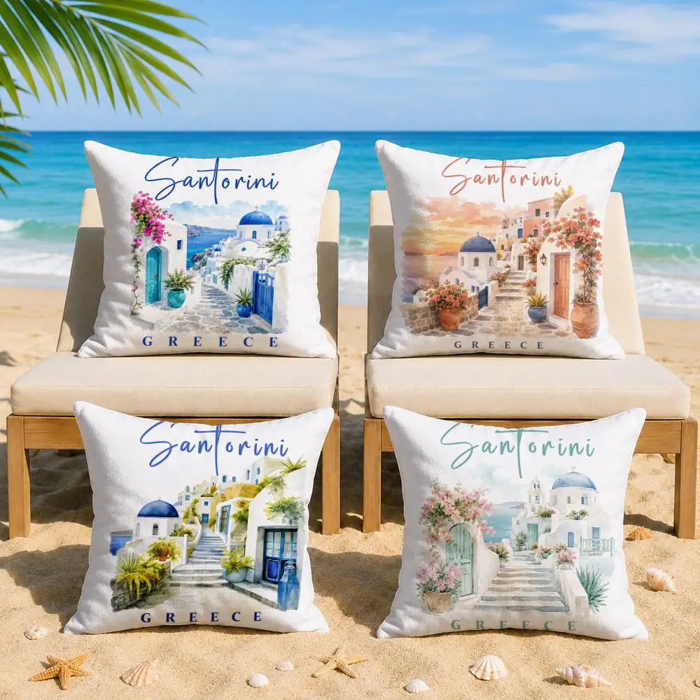 Greek Santorini Cushion Cover Short Plush Soft Double-Sided Printing Pillow Case Cozy Sofa Bedroom Home Decor Gift