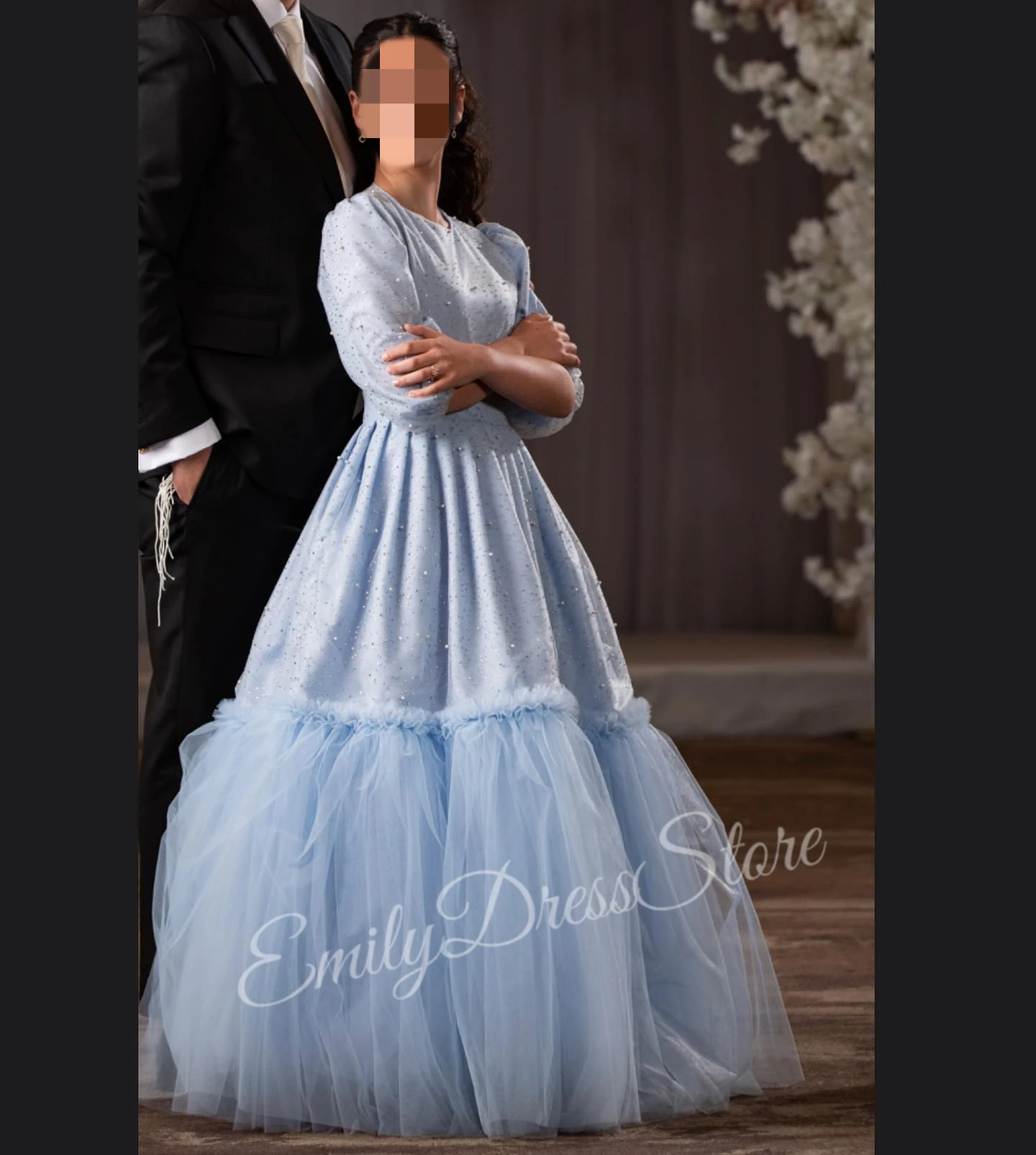 

Customized Blue Flower Girl Dress For Wedding 3/4 Sleeves Tulle Puffy Kids Bridesmaid Birthday Party First Communion Gown