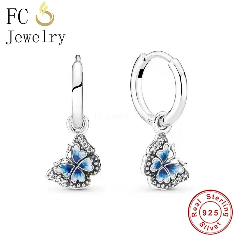 

925 Sterling Silver Animal Zircon Blue Enamel Pattern Butterfly Huggies Hoop Earring For Women Piercing Pendientes 2022 Spring