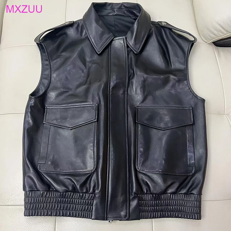 Fashion Leather Vest Women Spring Autumn Imported Oilwax Semi-Vegetated Sheepskin Pocket Casual Loose Sleeveless Jackets Gilet