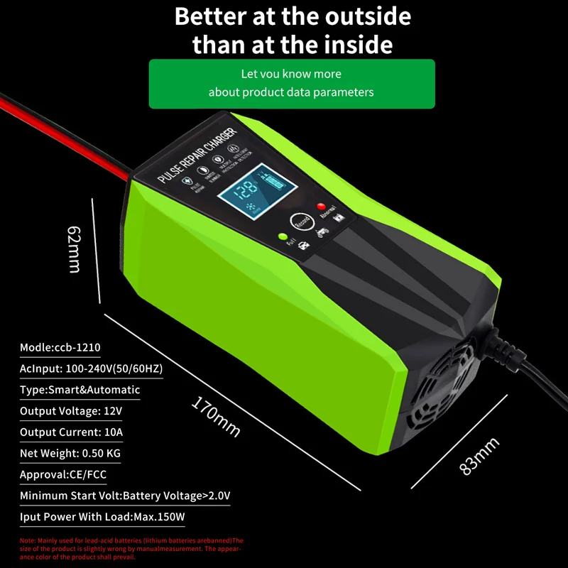 12V 10A Pulse Repair Charger with LCD Display Motorcycle & Car Battery Charger Agm Deep Cycle Gel Lead-Acid Charger