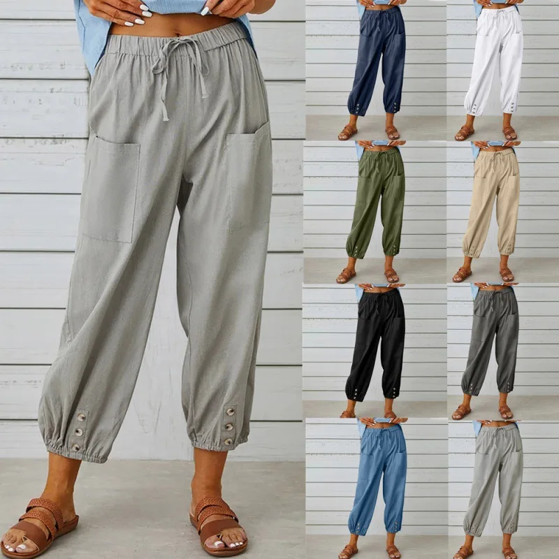 

Summer Women'S High Waisted Buttoned Breathable Lightweight Cotton Cropped Pants Wide Leg Pants Versatile Loose Casual Pants