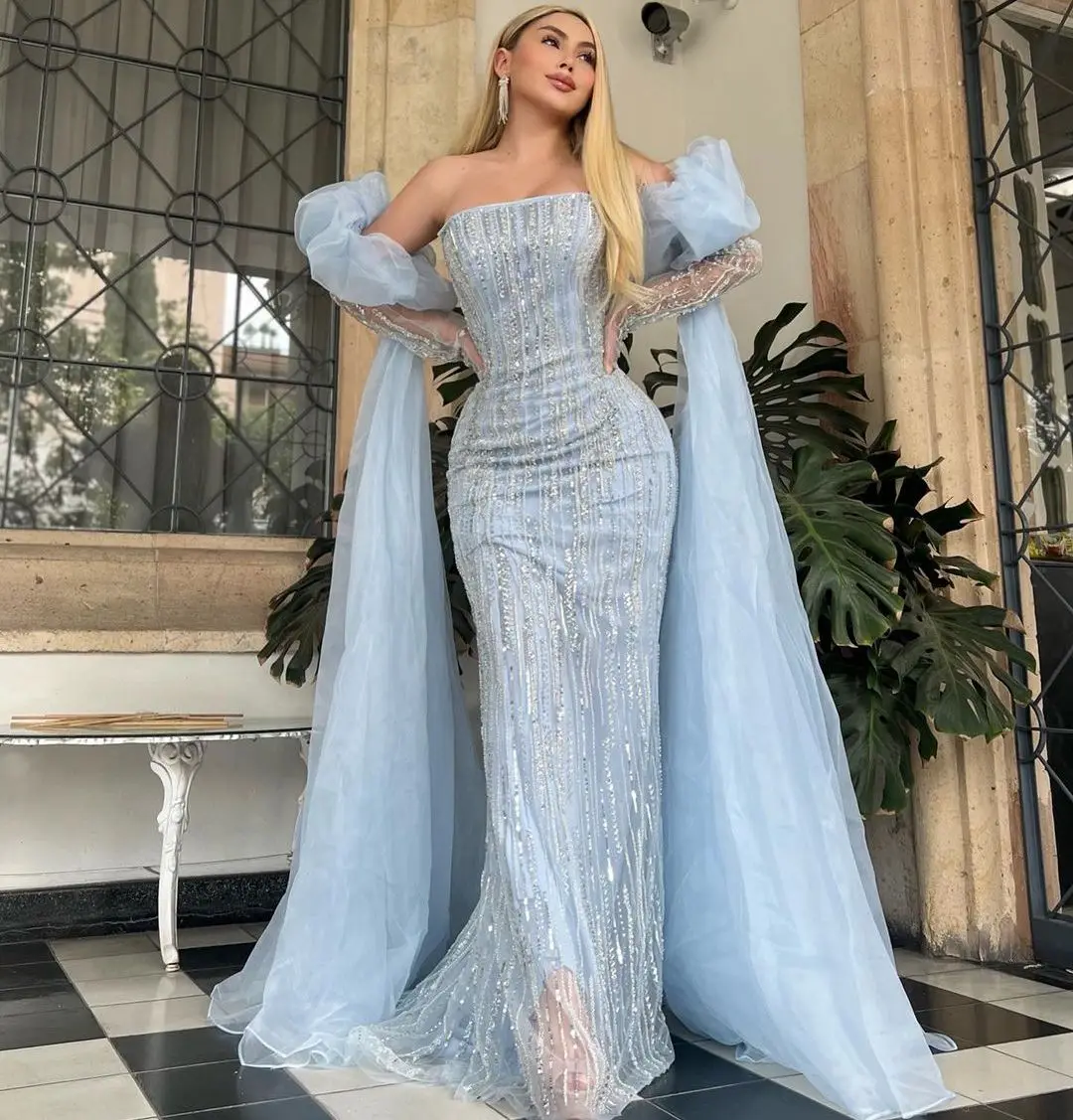 Blue Puff Sleeves Evening Dresses Mermaid Beadings Floor Length Prom Dresses Sweep Train Saudi Arabia Women's Formal Dress