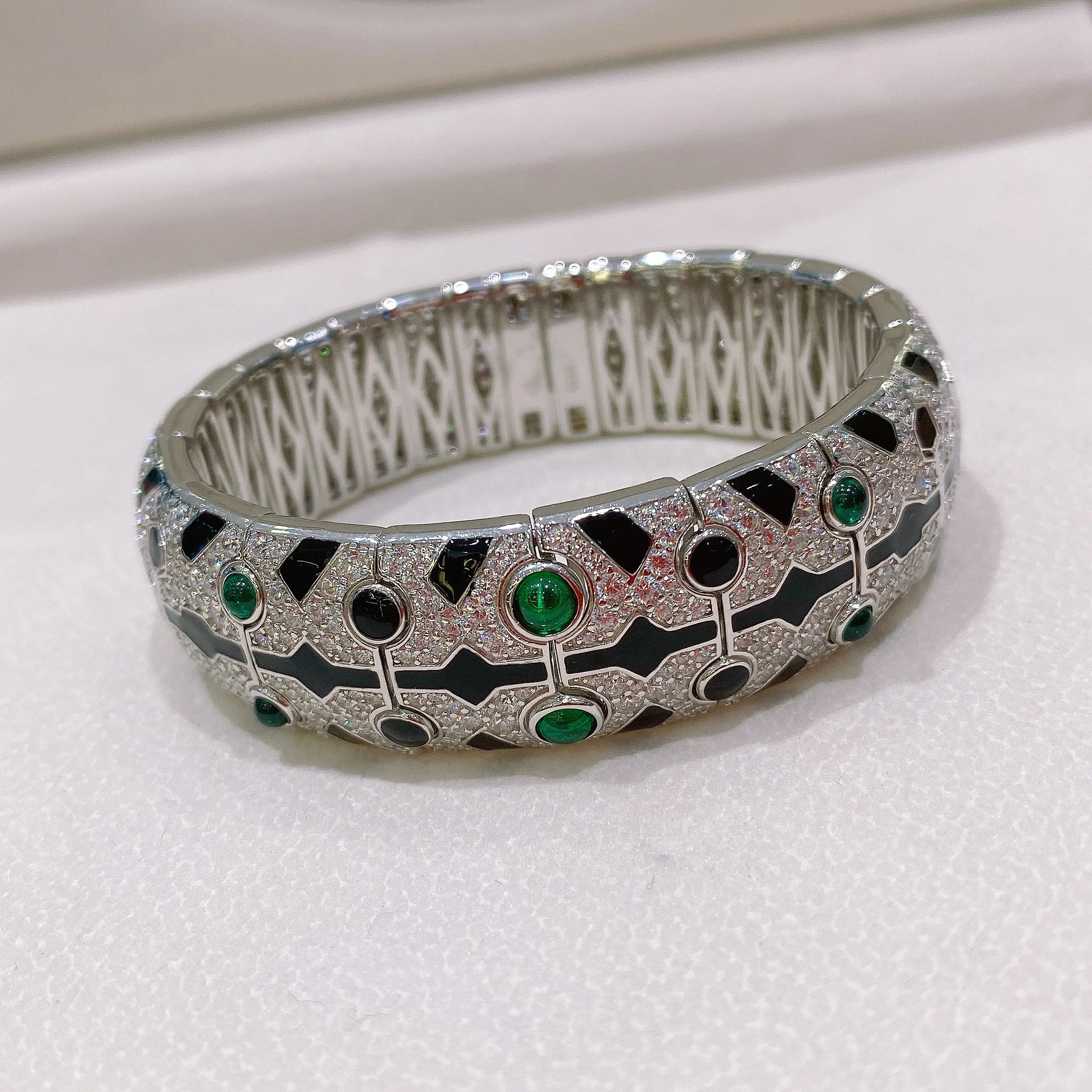 

KQDANCE Luxury New Desin Solid 925 Silver BLack Resin Leopard Print Lab Green Gemstone Bangle Bracelet Fine Jewelry Party