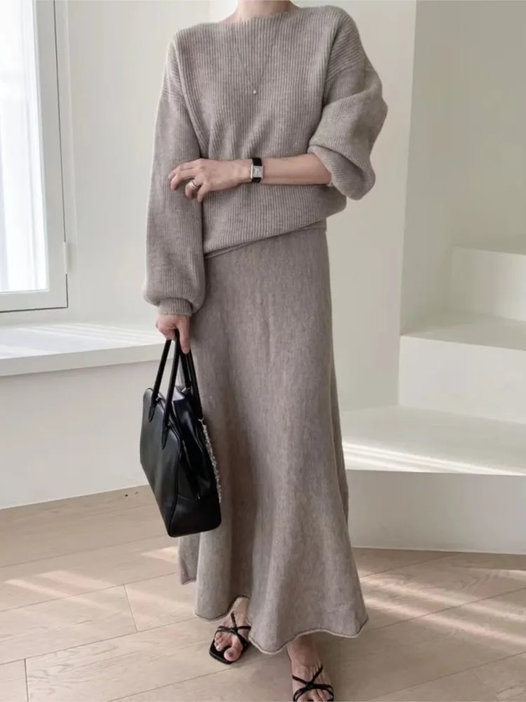 Elegant Knitted Skirts Sets Women Casual Office Lady Two-piece Set O-neck Pullovers Sweaters+ Long Skirt Autumn Winter 2024 New