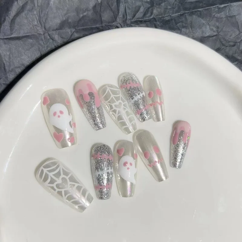 Removível cobertura completa unhas falsas, remendo artesanal DIY, desenhos animados bonitos, Dia das Bruxas, fantasma mágico, unhas postiças, pressione em unhas, 10pcs, conjunto