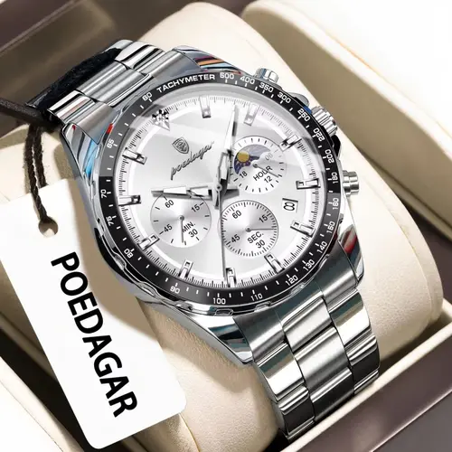Imagen 1 del producto Reloj de pulsera POEDAGAR de marca a la moda para hombre, reloj luminoso de acero inoxidable resistente al agua para hombre, cronógrafo con fecha, relojes de cuarzo de lujo para hombre