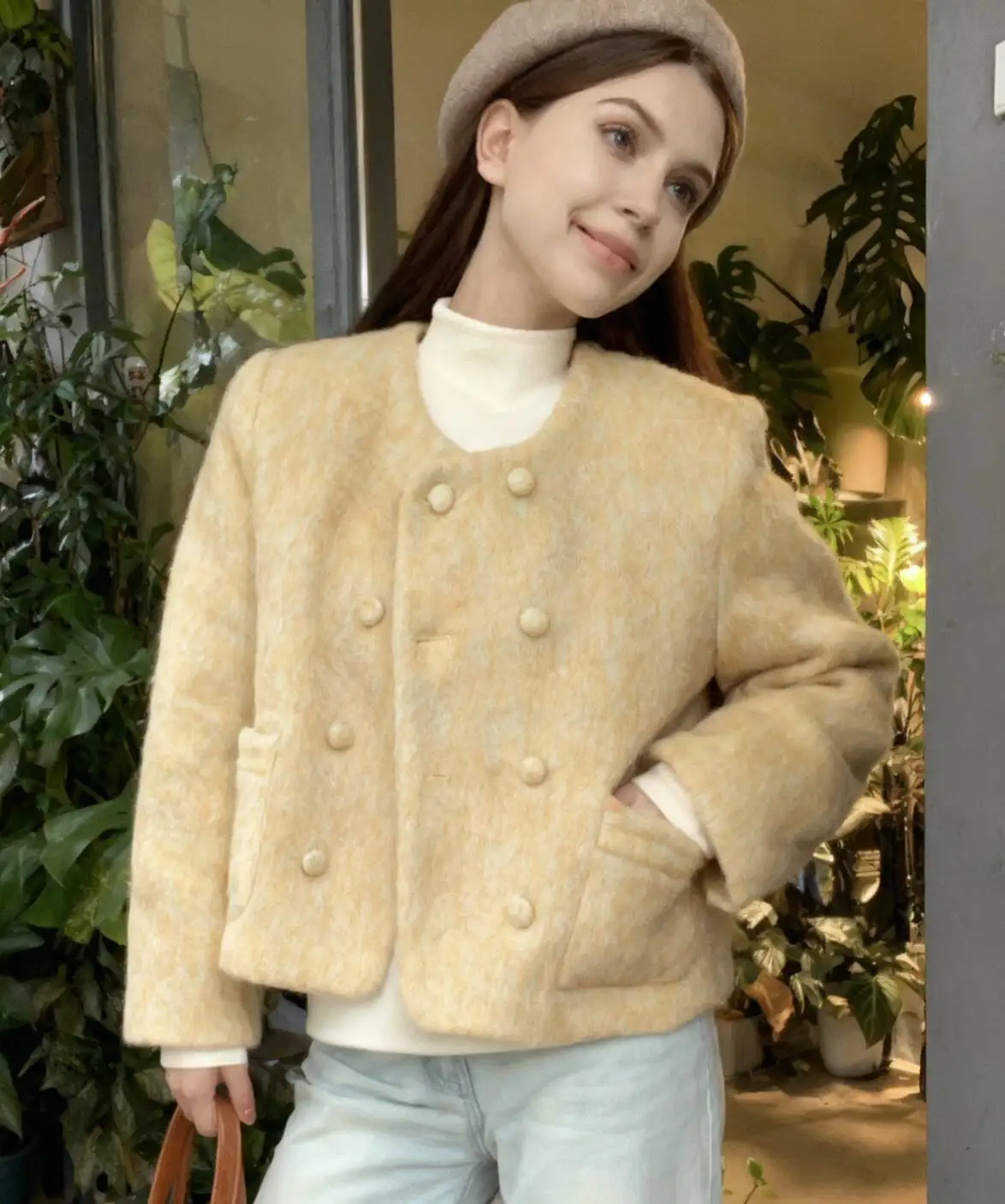 

Wool Blend Coats Womens Woolen Coat Natural Long Autumn Tweed Color-Blocking Double-Breasted Minimalist Urban Style Preppy Thick