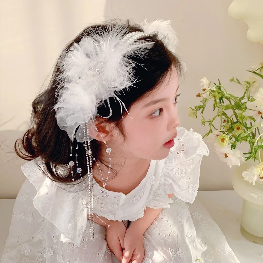 

Fairy Feather & Crystal Tassel Headband Double-Layer Pearl Design for Flower Girls Wedding Guest Headdresses Wedding Accessories