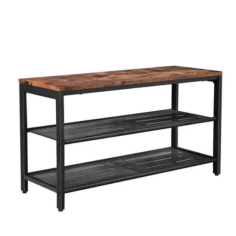 Industrial Storage Shelf with Seat, Rustic Brow Wooden Shelf Metal Frame Shoe Bench Rack for Entryway Living Room