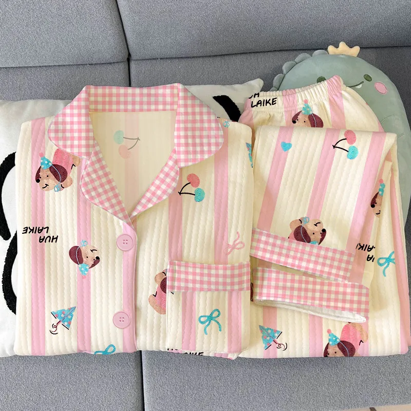 Korean Version Autumn and Winter Sweet Striped Cartoon Ins Style Sandwich Warm Pajamas Set for Home Wear Girl Sleepwear