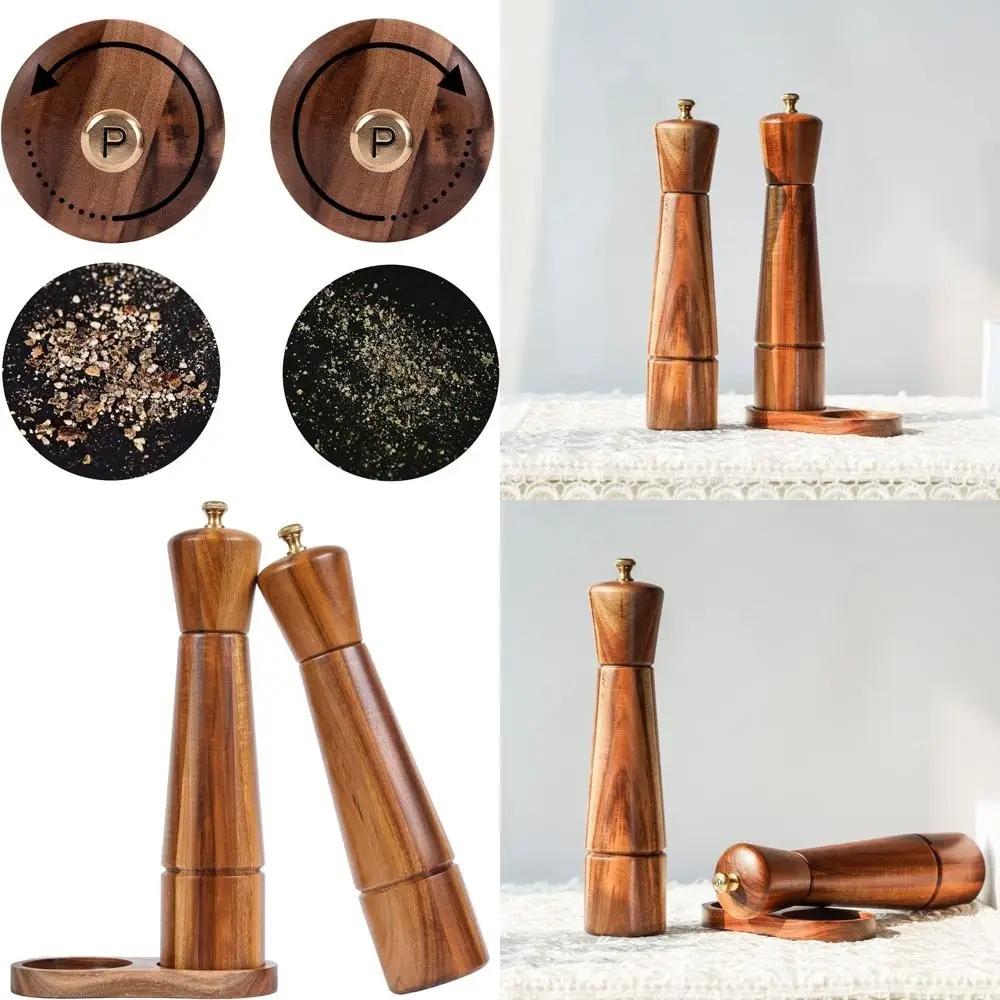 

10 Acacia Wood Salt & Pepper Mill Set, Adjustable Ceramic Grinders, Stainless Steel, 27 cm Tall